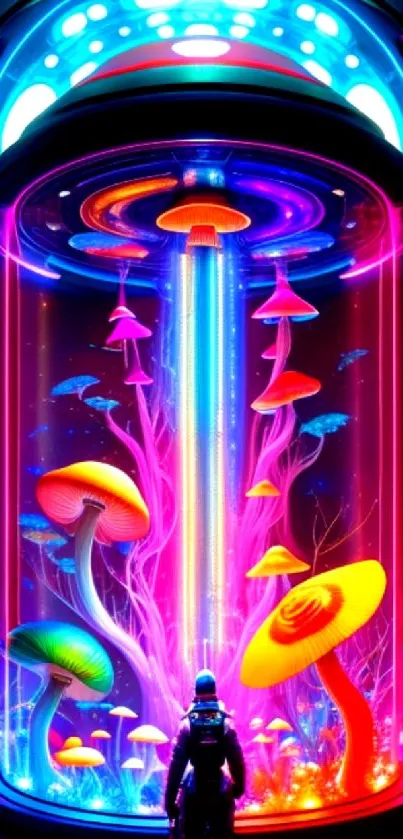 Neon futuristic art with glowing mushrooms.