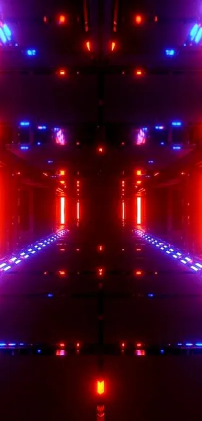 Futuristic neon wallpaper with red and blue lights in an infinite tunnel.