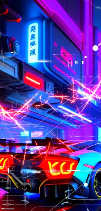 Futuristic neon car racing in vibrant cityscape.