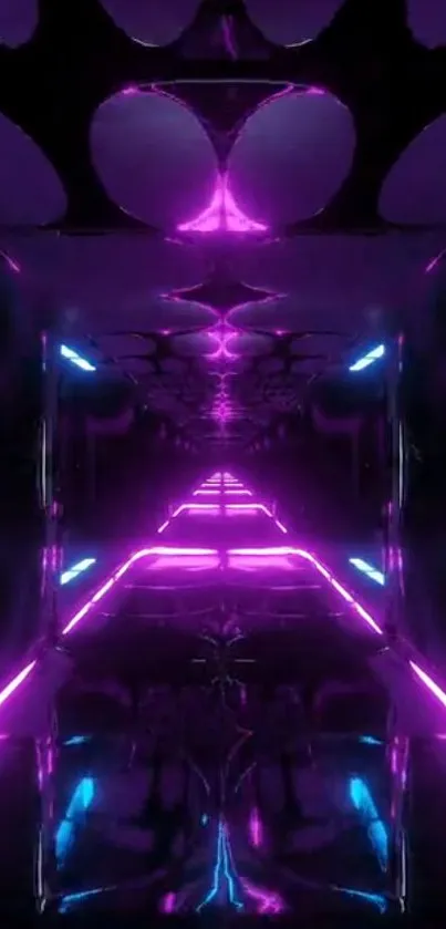 Futuristic neon tunnel with purple and blue lights creating a space portal effect.