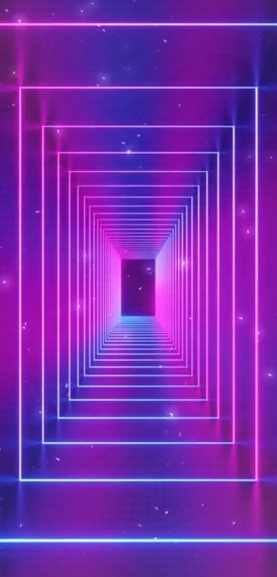 Vibrant neon tunnel with geometric shapes in magenta and blue hues.