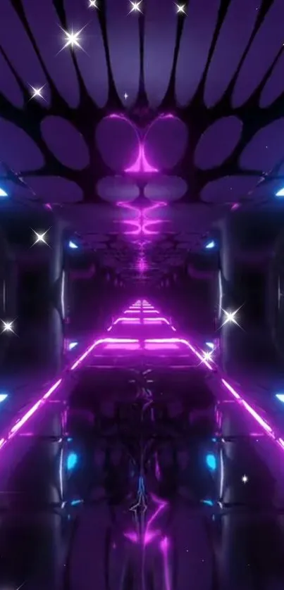 Futuristic neon tunnel with pink and blue lights glowing.