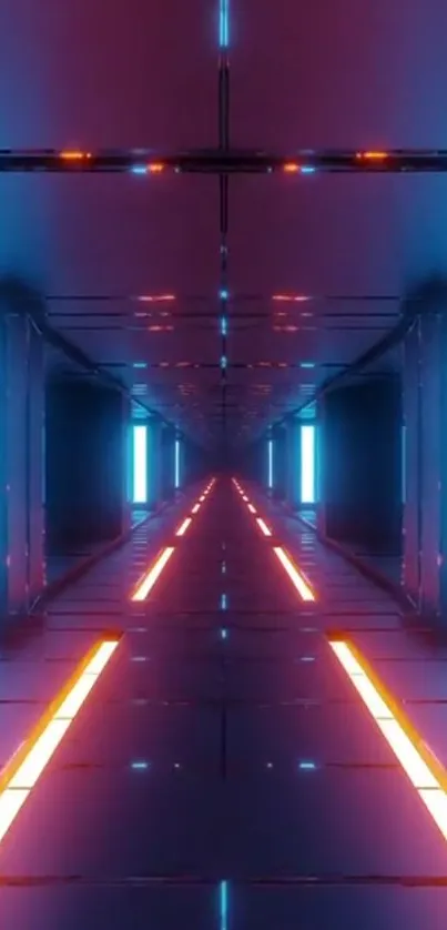 Futuristic neon tunnel with vibrant blue and orange lights.