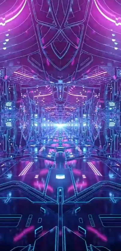 Futuristic neon tunnel with pink and blue lights.