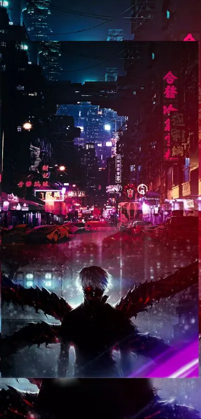 Cyberpunk cityscape with neon lights and a futuristic vibe for mobile wallpaper.