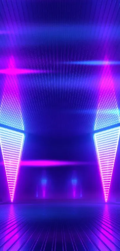 Neon futuristic wallpaper with purple and blue symmetrical LED lights.