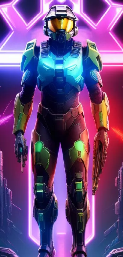 Neon futuristic warrior in vibrant colors for phone wallpaper.