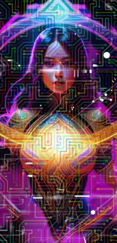 Futuristic neon woman with geometric patterns.