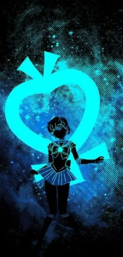 Neon blue anime silhouette on a galaxy-themed wallpaper.