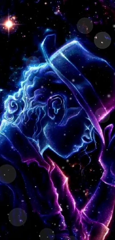 Neon galaxy artwork of a figure under a starry background.