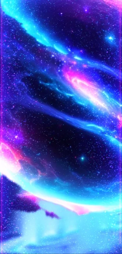 Vibrant neon galaxy wallpaper with blue and pink cosmic hues.