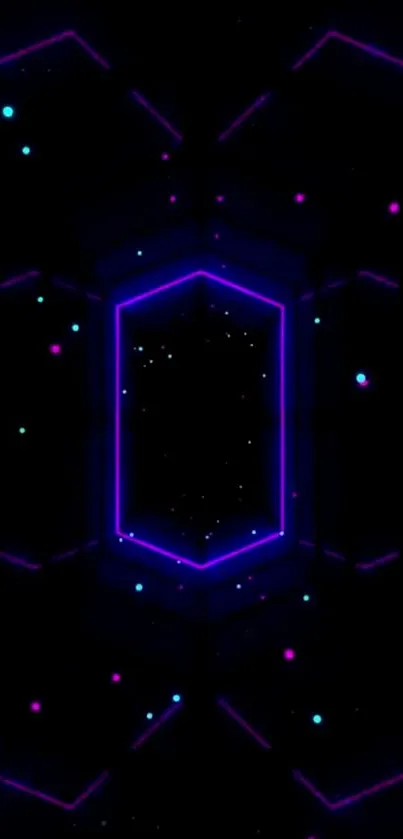 Neon galaxy wallpaper with hexagonal pattern and luminous stars.