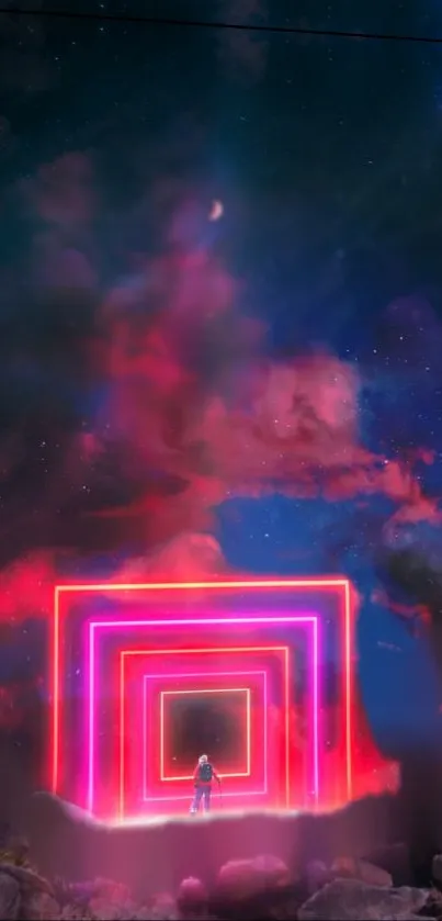 A person stands before a neon portal with a colorful cosmic background.