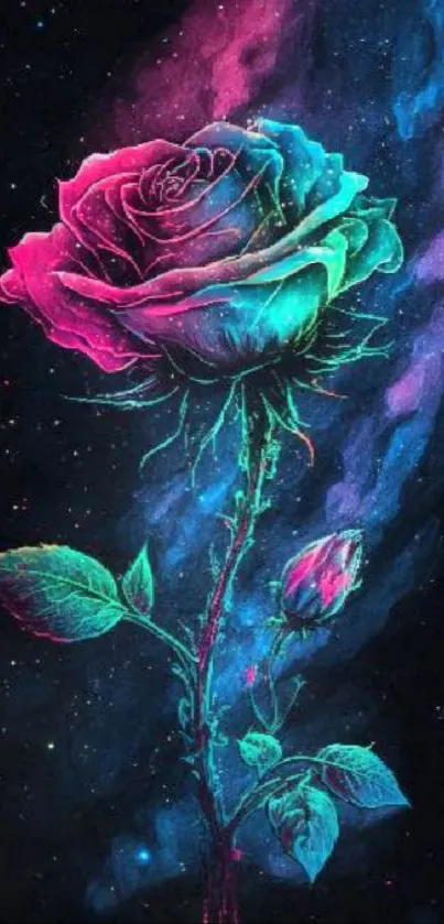 Vibrant neon galaxy rose wallpaper with cyan glow.