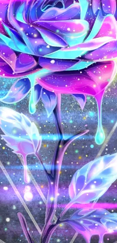 Neon galaxy rose with vibrant colors on a dark background wallpaper.