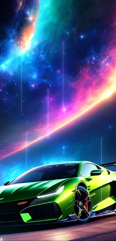 Neon galaxy background with a green sports car on a mobile wallpaper.