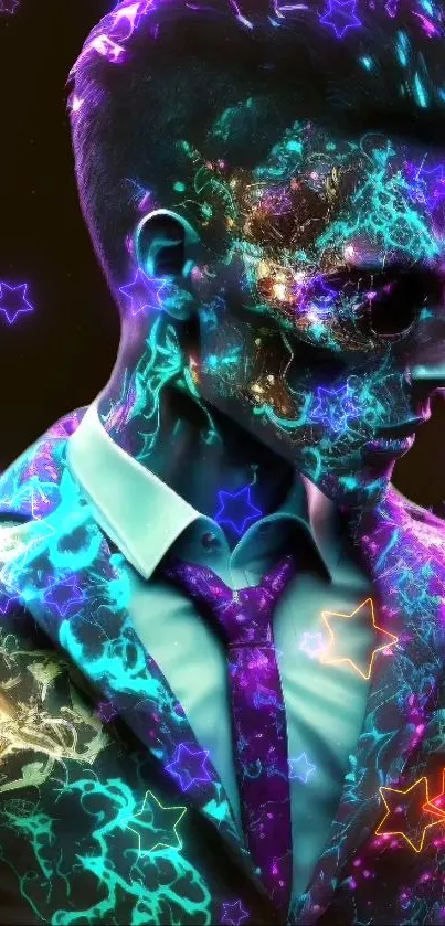 Neon galaxy themed art with a man in a vibrant suit and cosmic patterns.