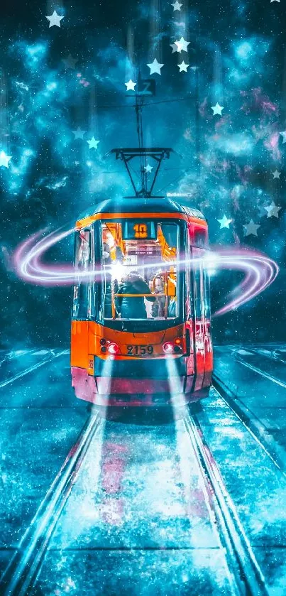 Neon tram in a galaxy-themed urban setting with a couple nearby.