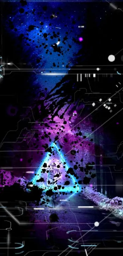 Abstract neon triangle on galaxy-themed background.