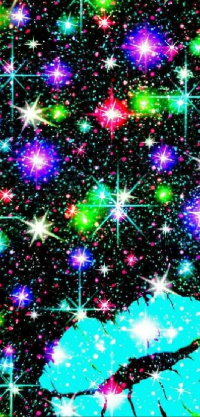 Vibrant neon starry sky wallpaper with blue lips and sparkles.