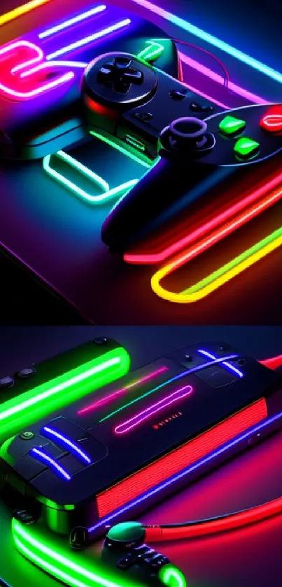 Neon game console with controllers and vibrant lights.