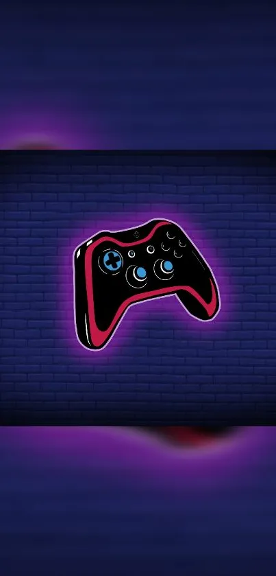 Neon game controller on a dark blue brick wall.