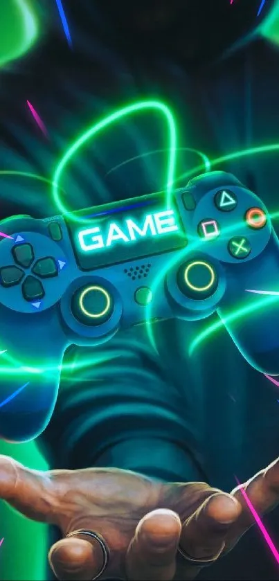 Futuristic neon game controller in hand.