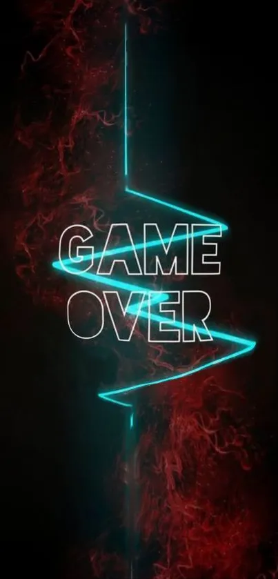 Neon 'Game Over' text on dark background with red smoke and teal light.