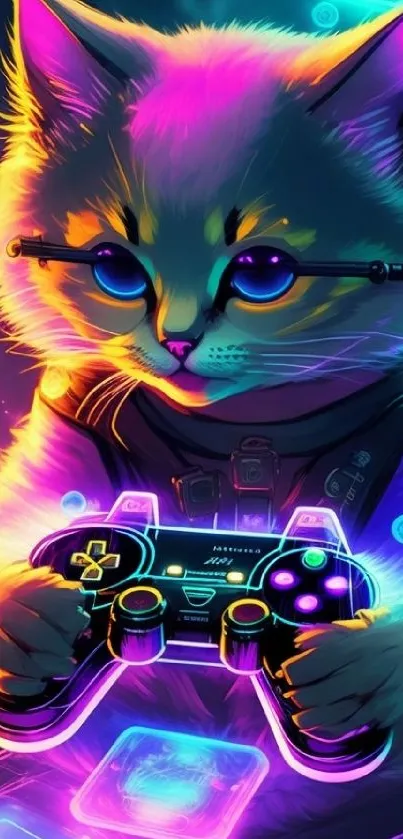 Neon cat with a gaming controller amid vibrant colors.