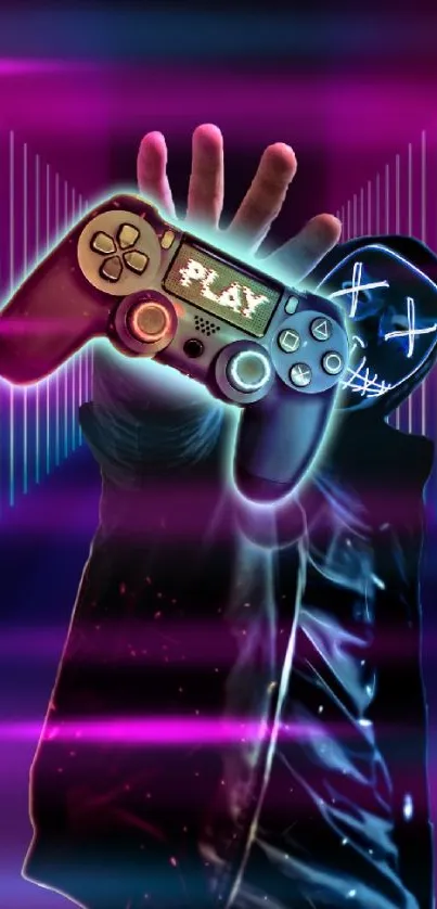 Gaming controller in neon art with vibrant purple light.