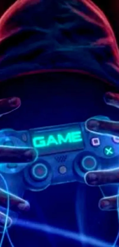 Neon gamer holding a glowing controller in dark blue tones.