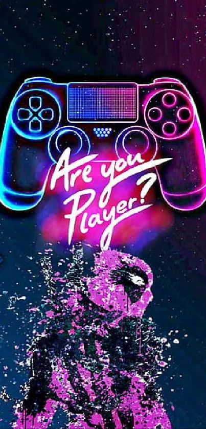 Neon-themed gaming wallpaper with controller and bold text.