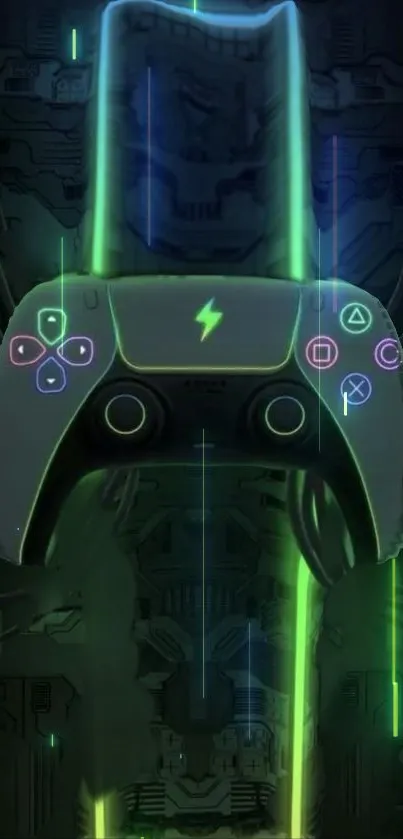 Futuristic neon green gaming controller on a dark background.