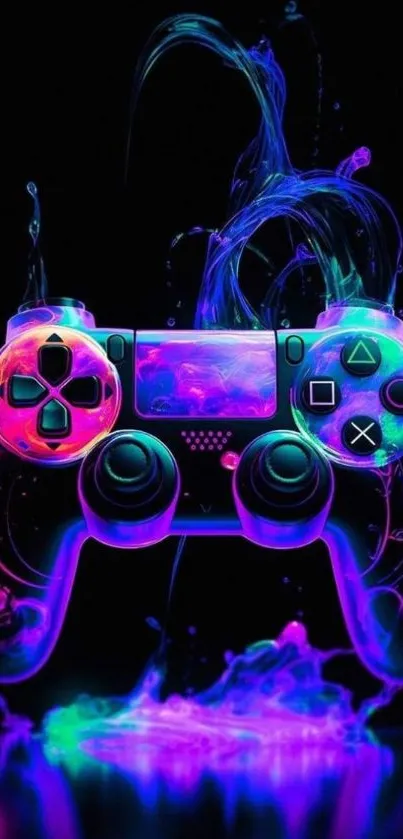 Neon gaming controller wallpaper with vibrant colors on a black background.