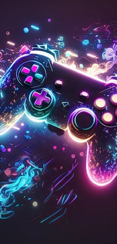 Neon gaming controller with vibrant abstract design and colors.
