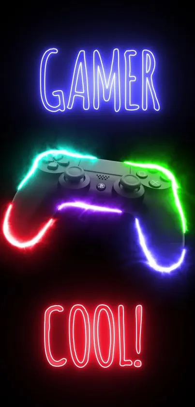 Neon gaming controller with vibrant lights and 'Gamer Cool!' text on black background.