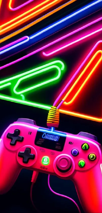 Neon gaming controller with vibrant colors and dynamic design.