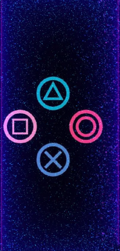 Neon gaming controller symbols on cosmic blue background.