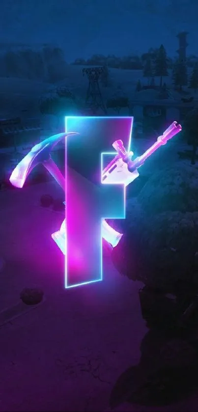 Vibrant neon 'F' logo with gaming theme and dark blue background.