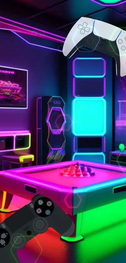 Futuristic gaming room with neon lights and controllers.