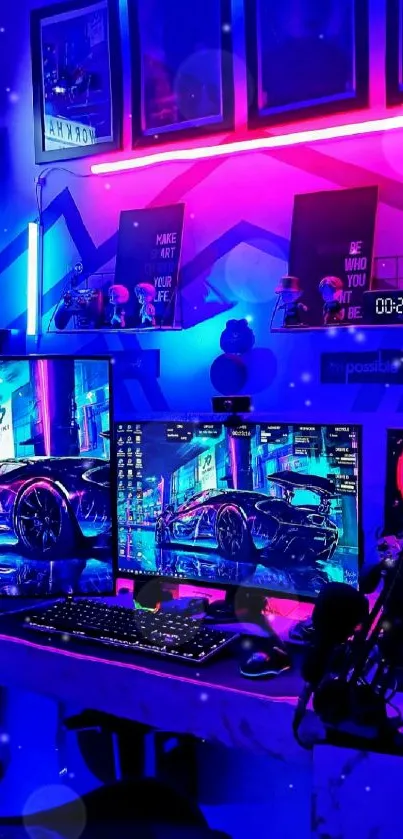 Neon-lit gaming room with dual monitors showing vibrant colors.