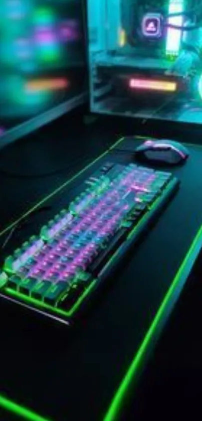 Neon green glowing gaming setup with keyboard and lighting effects.