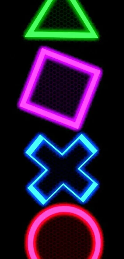 Neon gaming symbols on black background wallpaper.