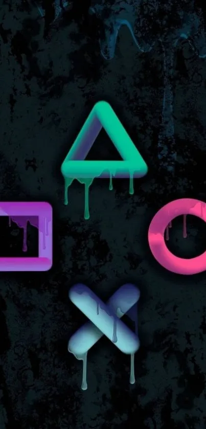 Neon gaming symbols on dark backdrop.