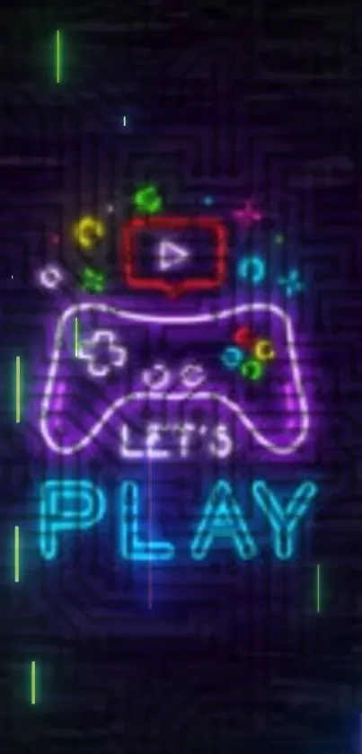 Neon gaming wallpaper with controller and "Let's Play" text.