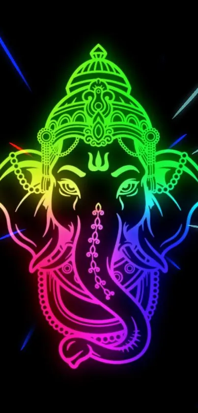 Vibrant neon Ganesha art with colorful glow on black background.