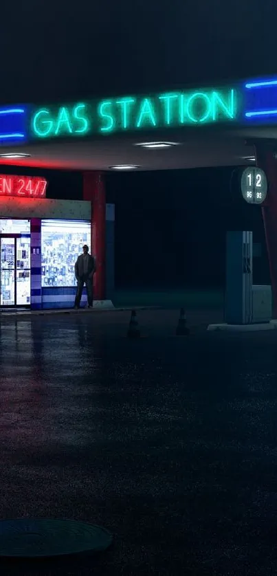 Neon-lit gas station at night with a vintage style and moody ambiance.