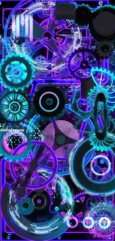 Futuristic neon gear wallpaper with blue and purple glowing gears.