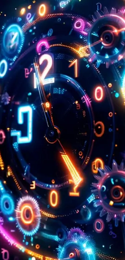 A vibrant neon gear clock with glowing colors.