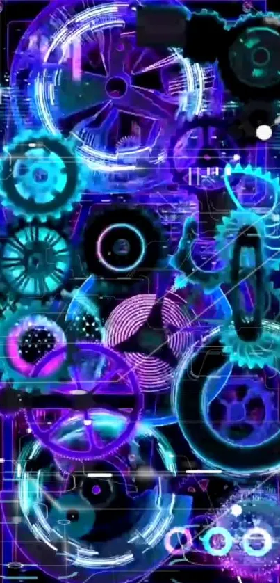 Neon gears digital wallpaper with blue and purple colors.